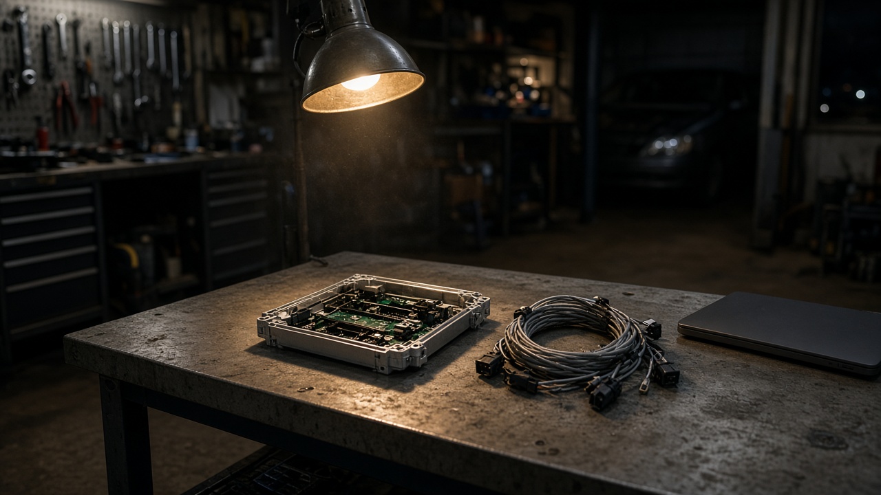 Open ECU and a wiring loom on a workshop bench